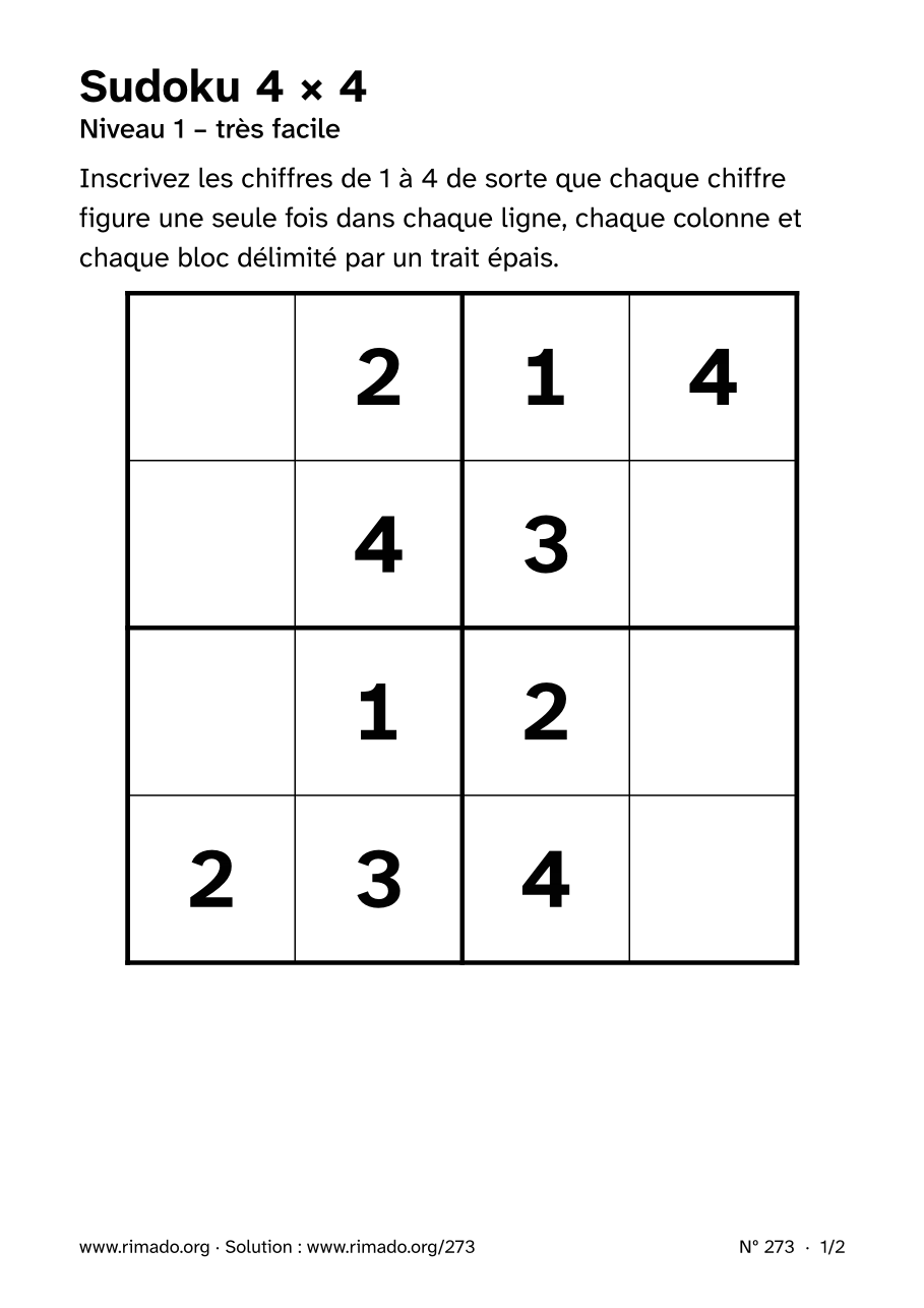 Aperçu de la feuille imprimée : Sudoku 4 × 4, nº 273