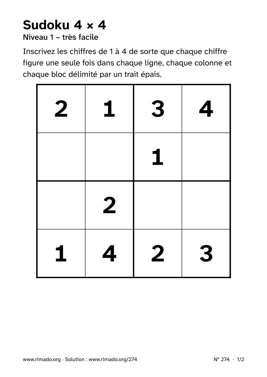 Aperçu de la feuille imprimée : Sudoku 4 × 4, nº 274