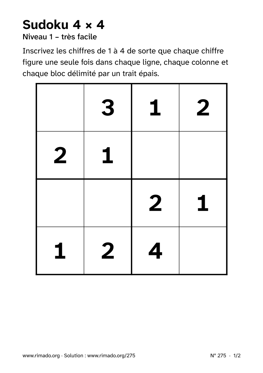 Aperçu de la feuille imprimée : Sudoku 4 × 4, nº 275