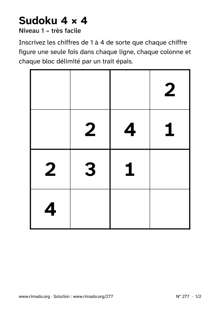 Aperçu de la feuille imprimée : Sudoku 4 × 4, nº 277