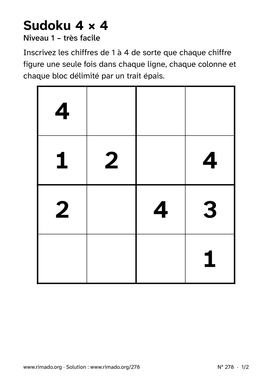 Aperçu de la feuille imprimée : Sudoku 4 × 4, nº 278