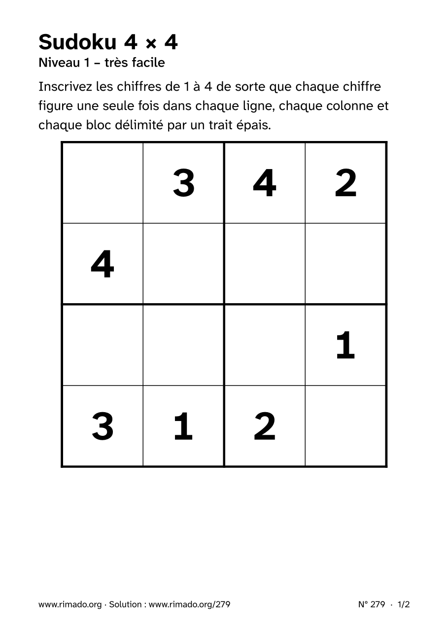 Aperçu de la feuille imprimée : Sudoku 4 × 4, nº 279