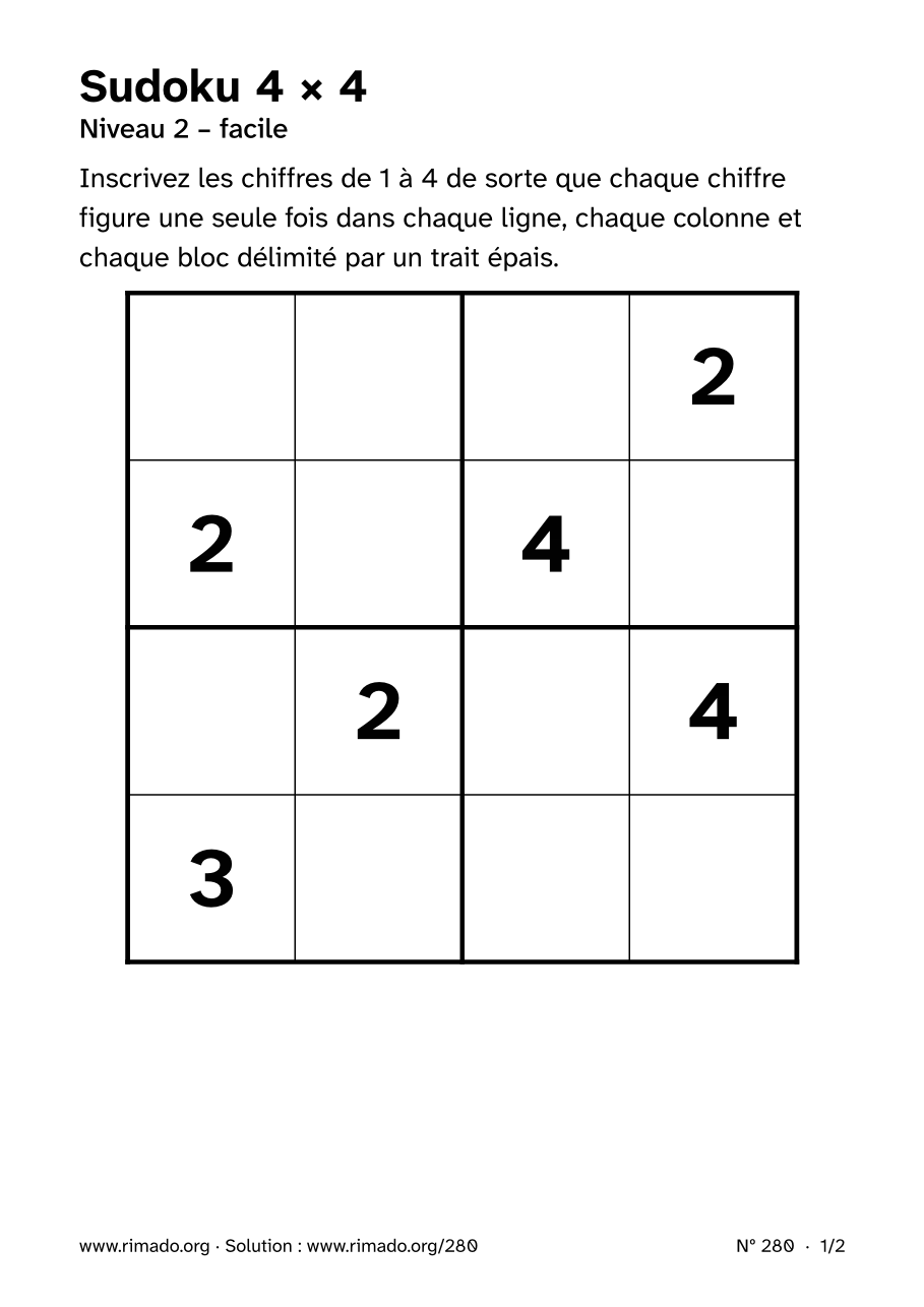 Aperçu de la feuille imprimée : Sudoku 4 × 4, nº 280