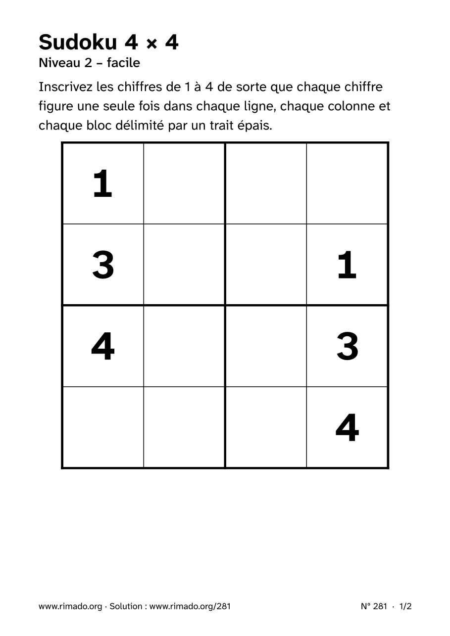Aperçu de la feuille imprimée : Sudoku 4 × 4, nº 281