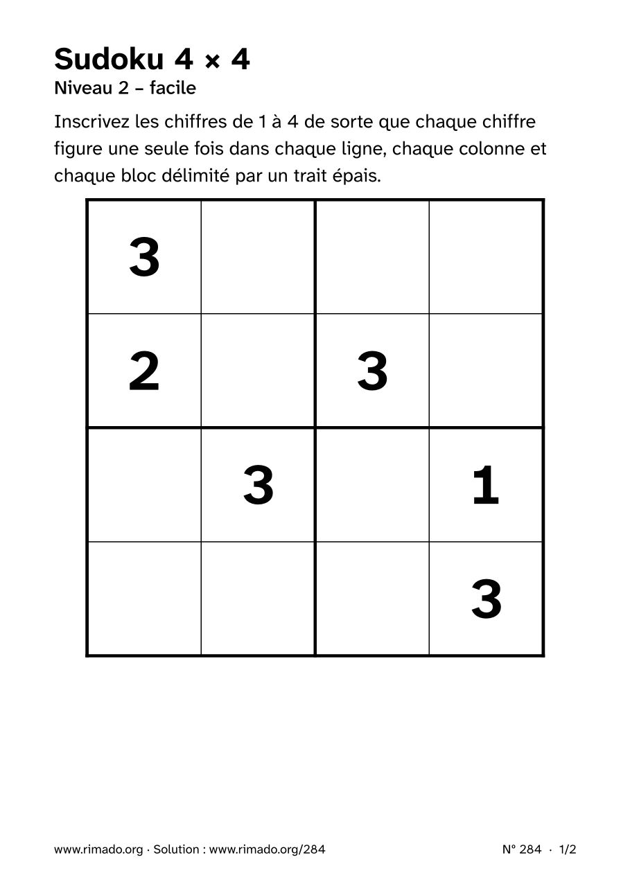 Aperçu de la feuille imprimée : Sudoku 4 × 4, nº 284