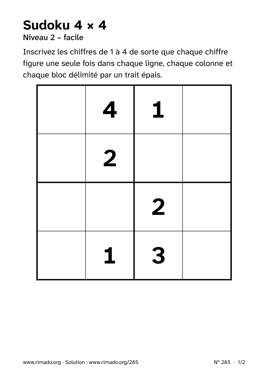 Aperçu de la feuille imprimée : Sudoku 4 × 4, nº 285