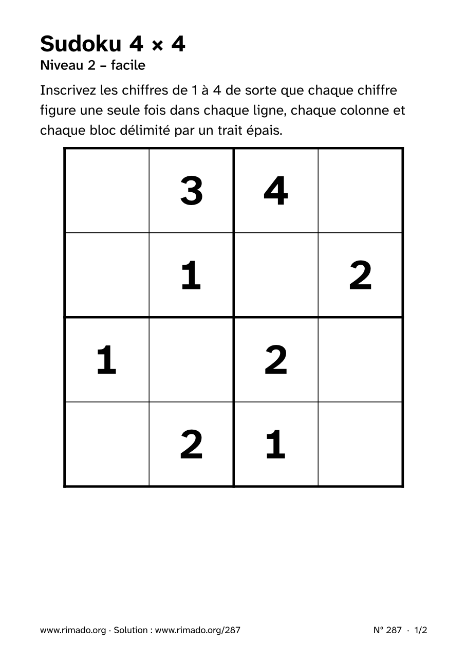 Aperçu de la feuille imprimée : Sudoku 4 × 4, nº 287