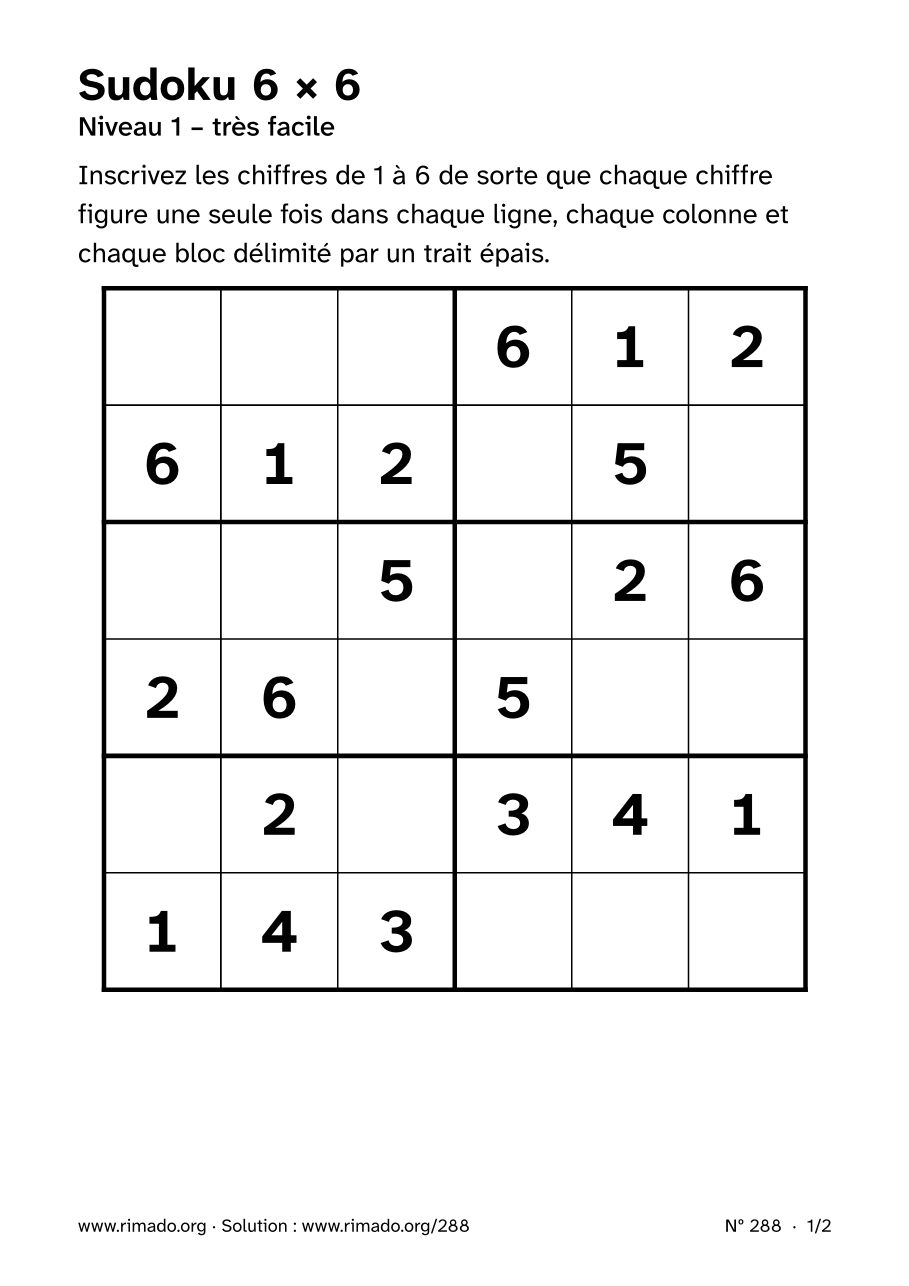 Aperçu de la feuille imprimée : Sudoku 6 × 6, nº 288
