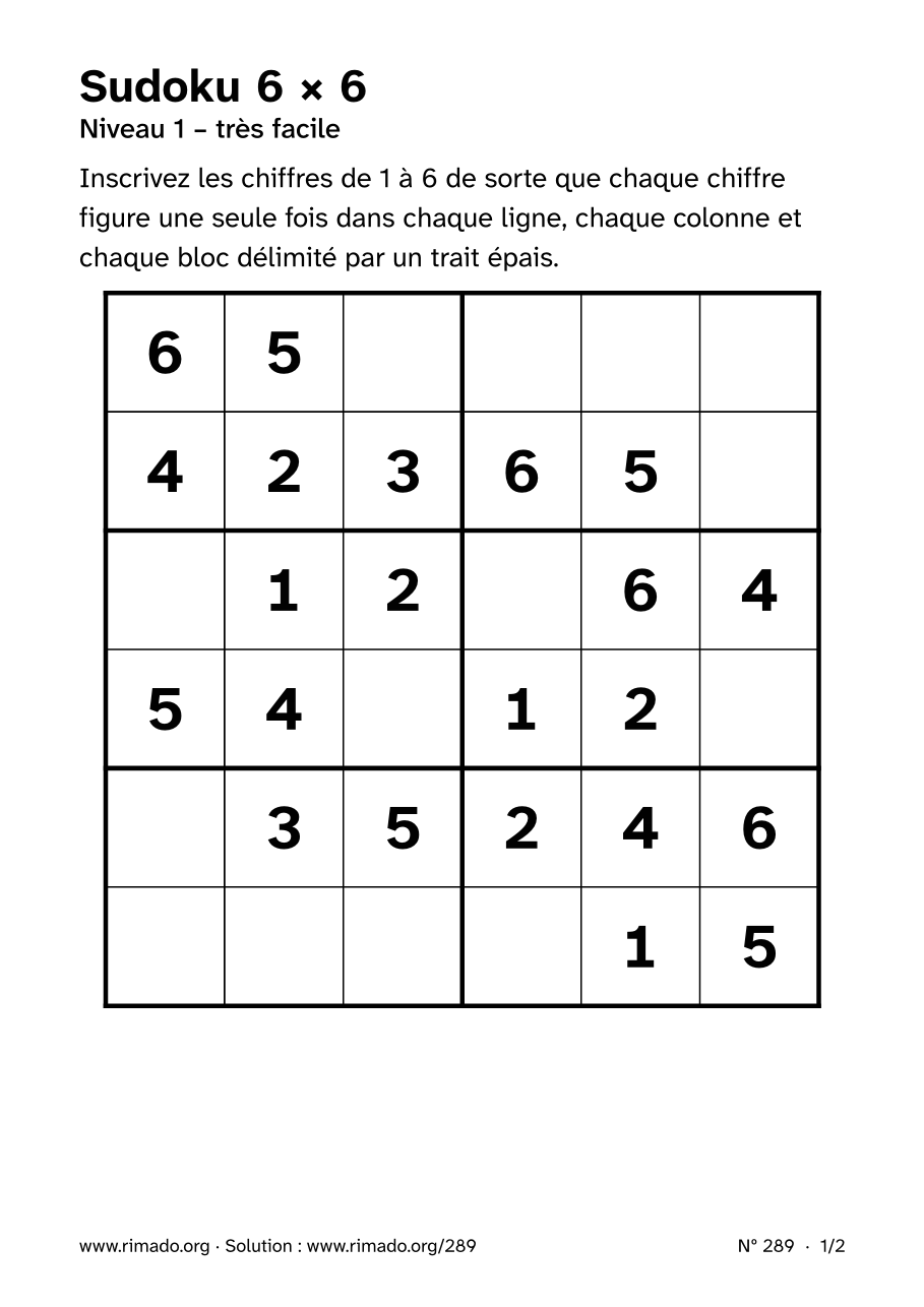 Aperçu de la feuille imprimée : Sudoku 6 × 6, nº 289