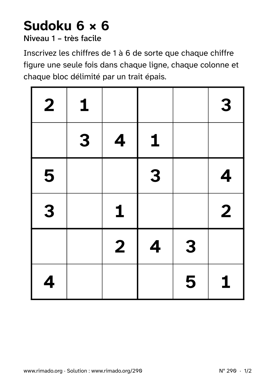 Aperçu de la feuille imprimée : Sudoku 6 × 6, nº 290