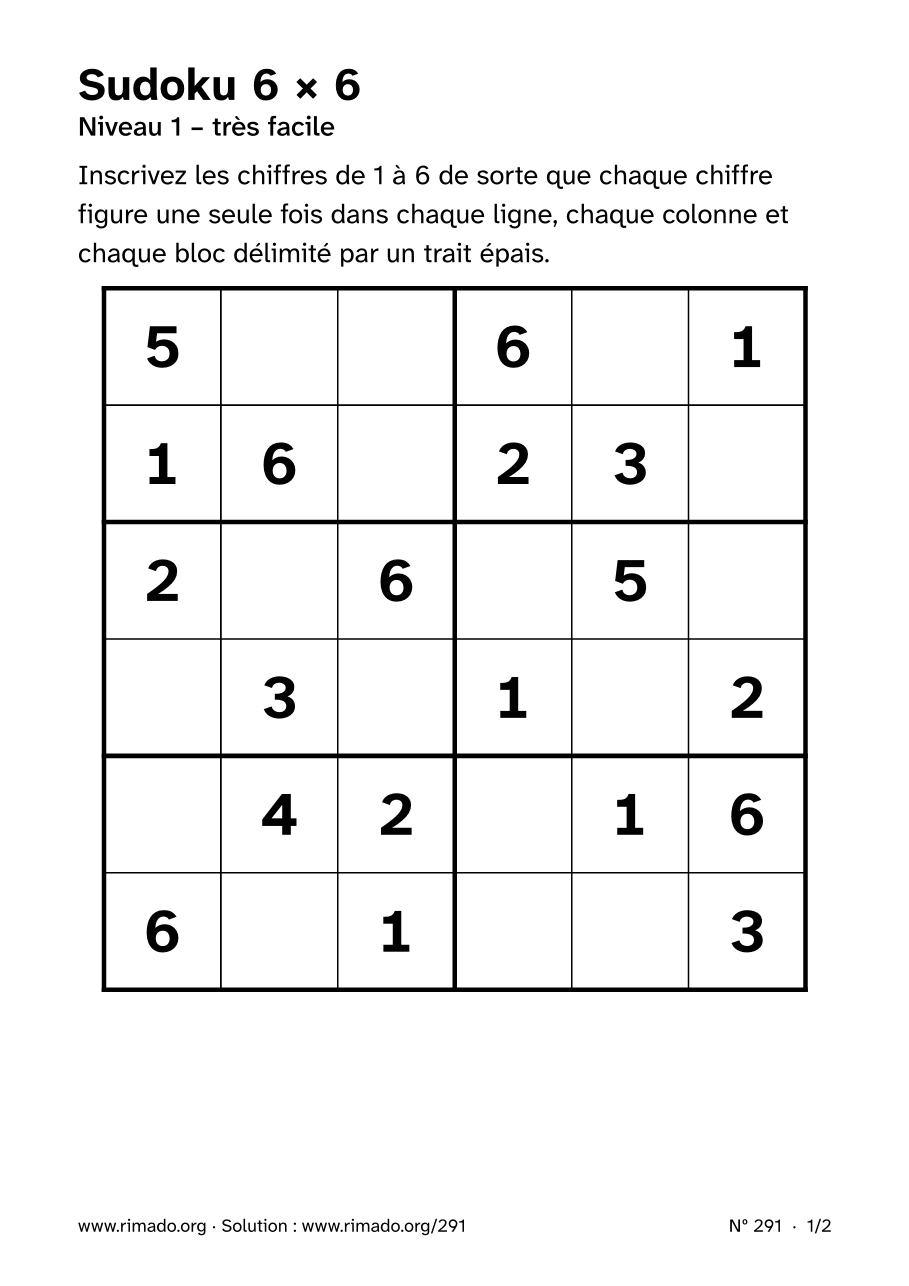 Aperçu de la feuille imprimée : Sudoku 6 × 6, nº 291