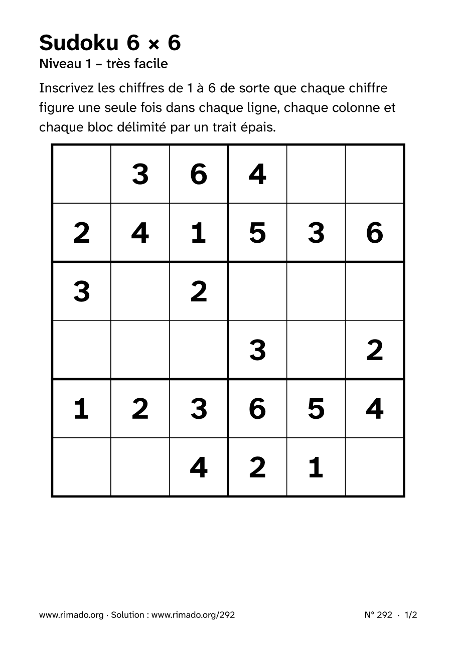 Aperçu de la feuille imprimée : Sudoku 6 × 6, nº 292