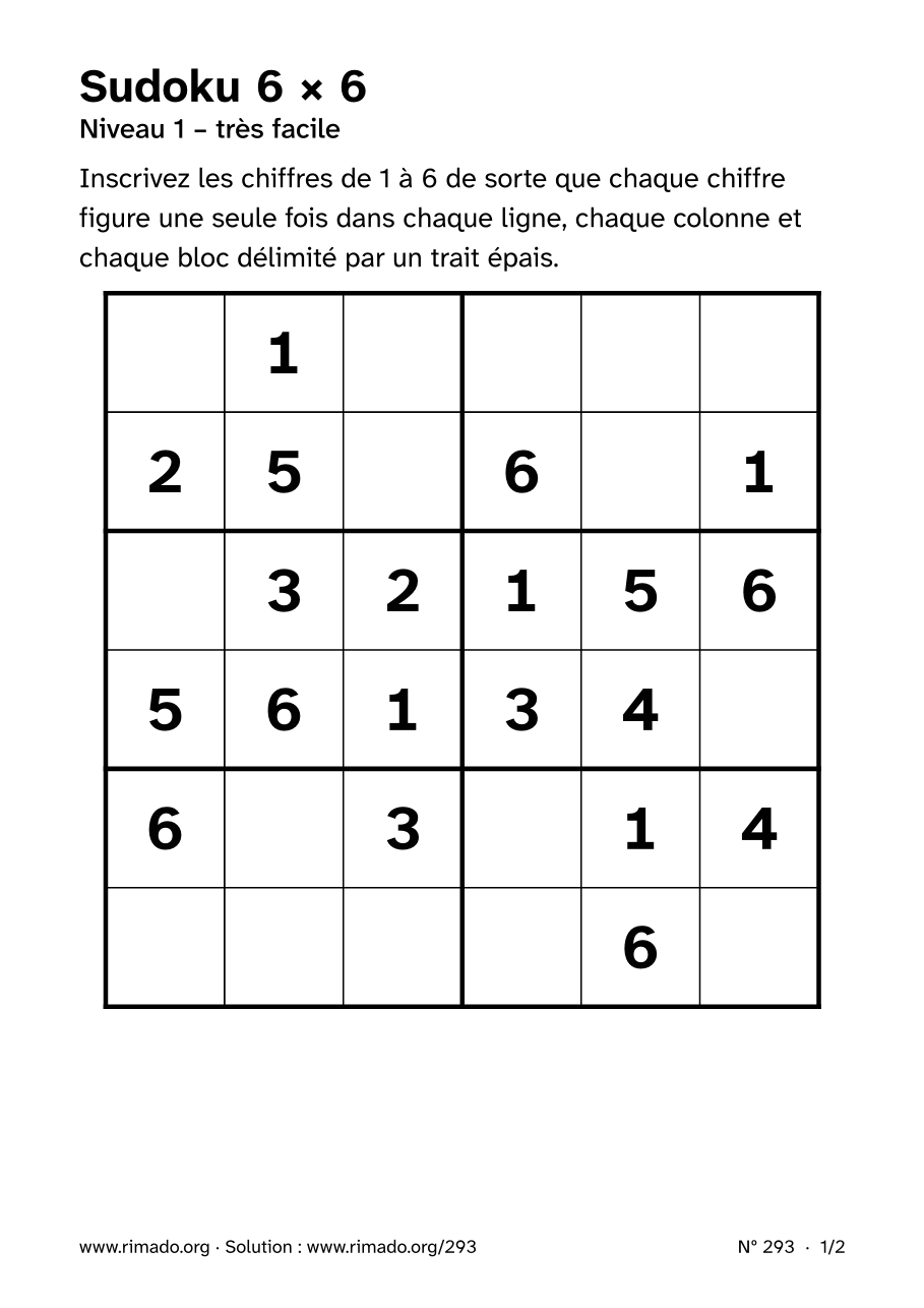 Aperçu de la feuille imprimée : Sudoku 6 × 6, nº 293