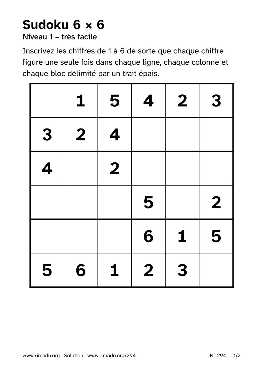 Aperçu de la feuille imprimée : Sudoku 6 × 6, nº 294