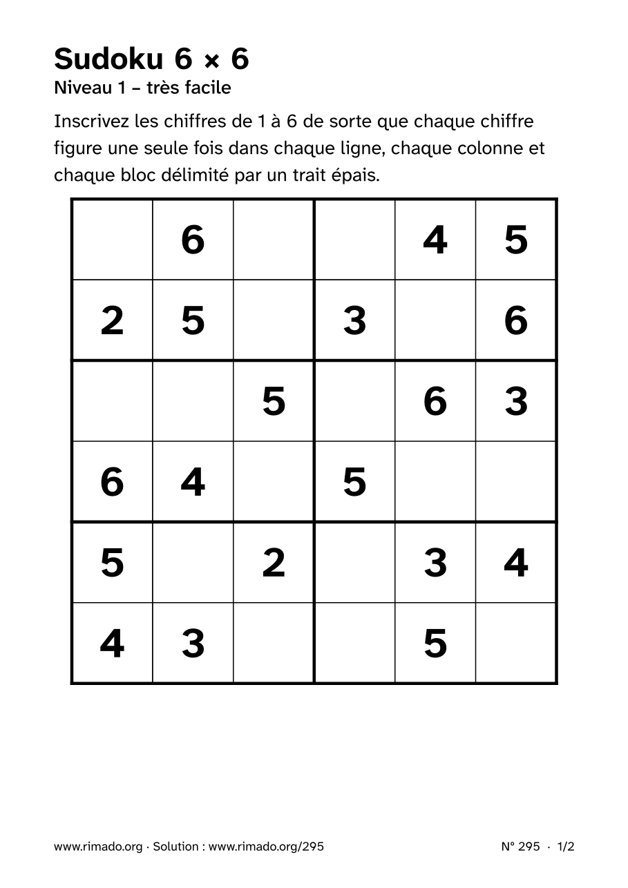 Aperçu de la feuille imprimée : Sudoku 6 × 6, nº 295