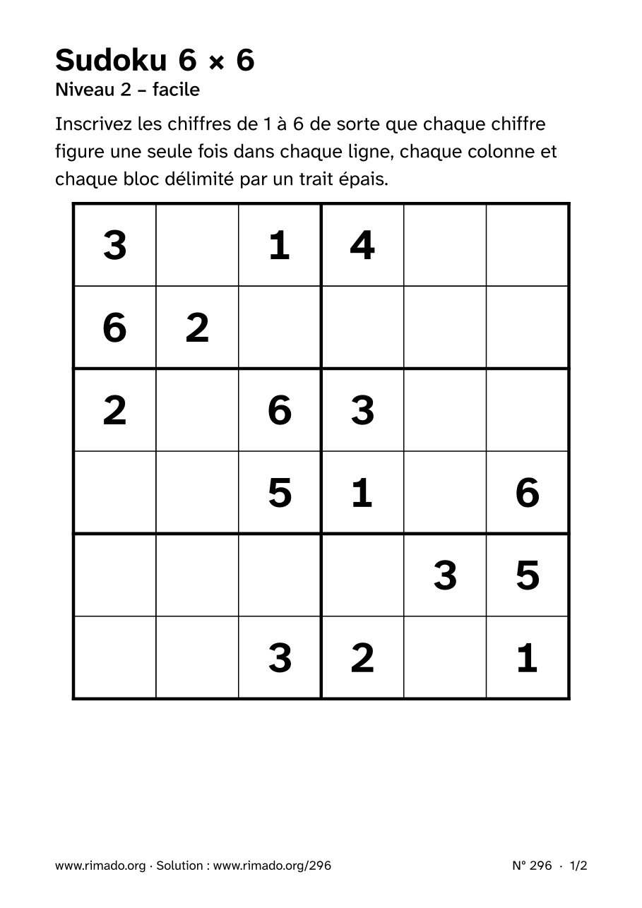 Aperçu de la feuille imprimée : Sudoku 6 × 6, nº 296