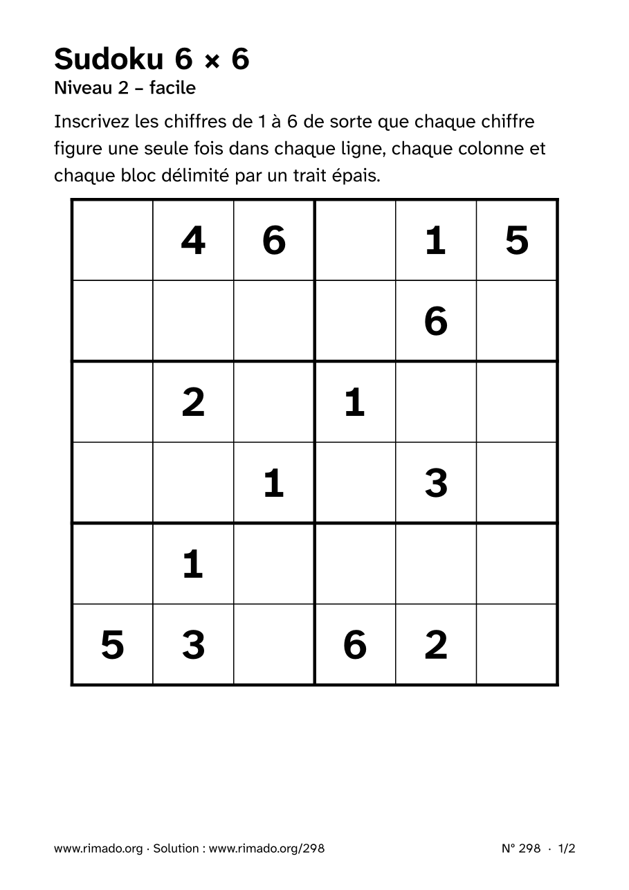 Aperçu de la feuille imprimée : Sudoku 6 × 6, nº 298