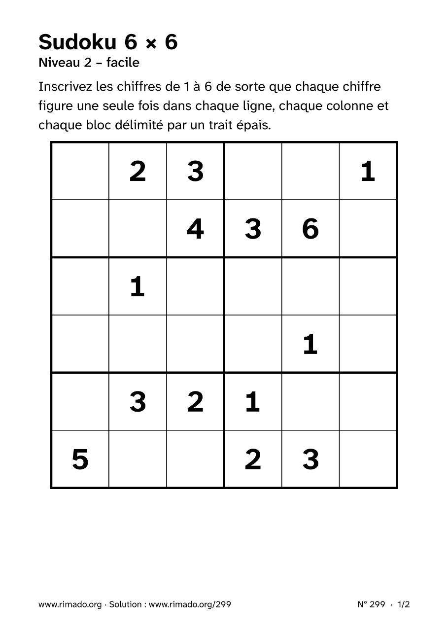 Aperçu de la feuille imprimée : Sudoku 6 × 6, nº 299