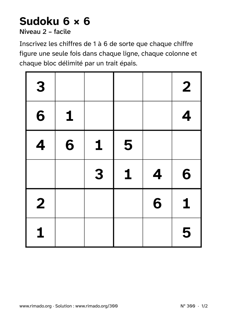 Aperçu de la feuille imprimée : Sudoku 6 × 6, nº 300