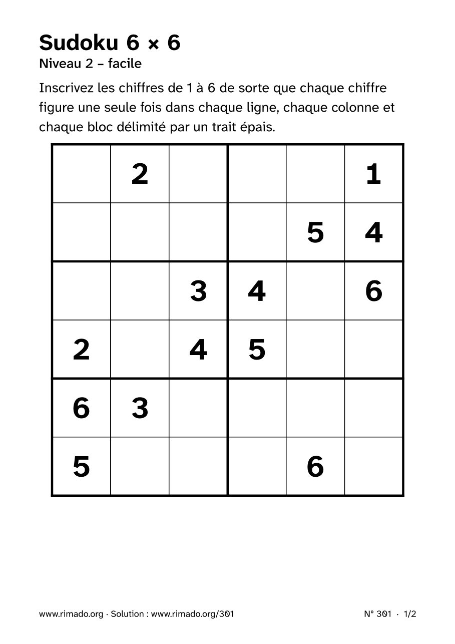 Aperçu de la feuille imprimée : Sudoku 6 × 6, nº 301