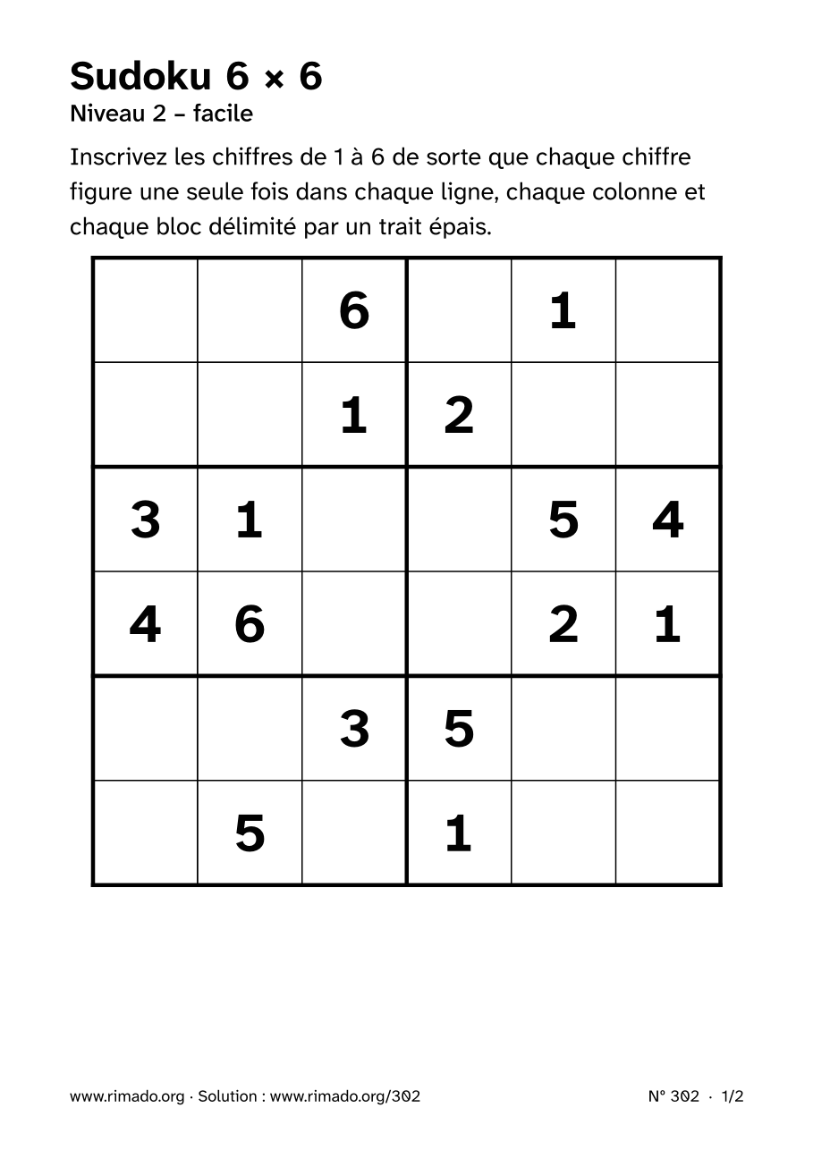 Aperçu de la feuille imprimée : Sudoku 6 × 6, nº 302