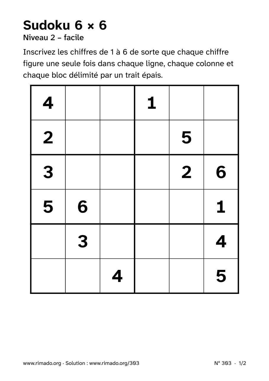Aperçu de la feuille imprimée : Sudoku 6 × 6, nº 303