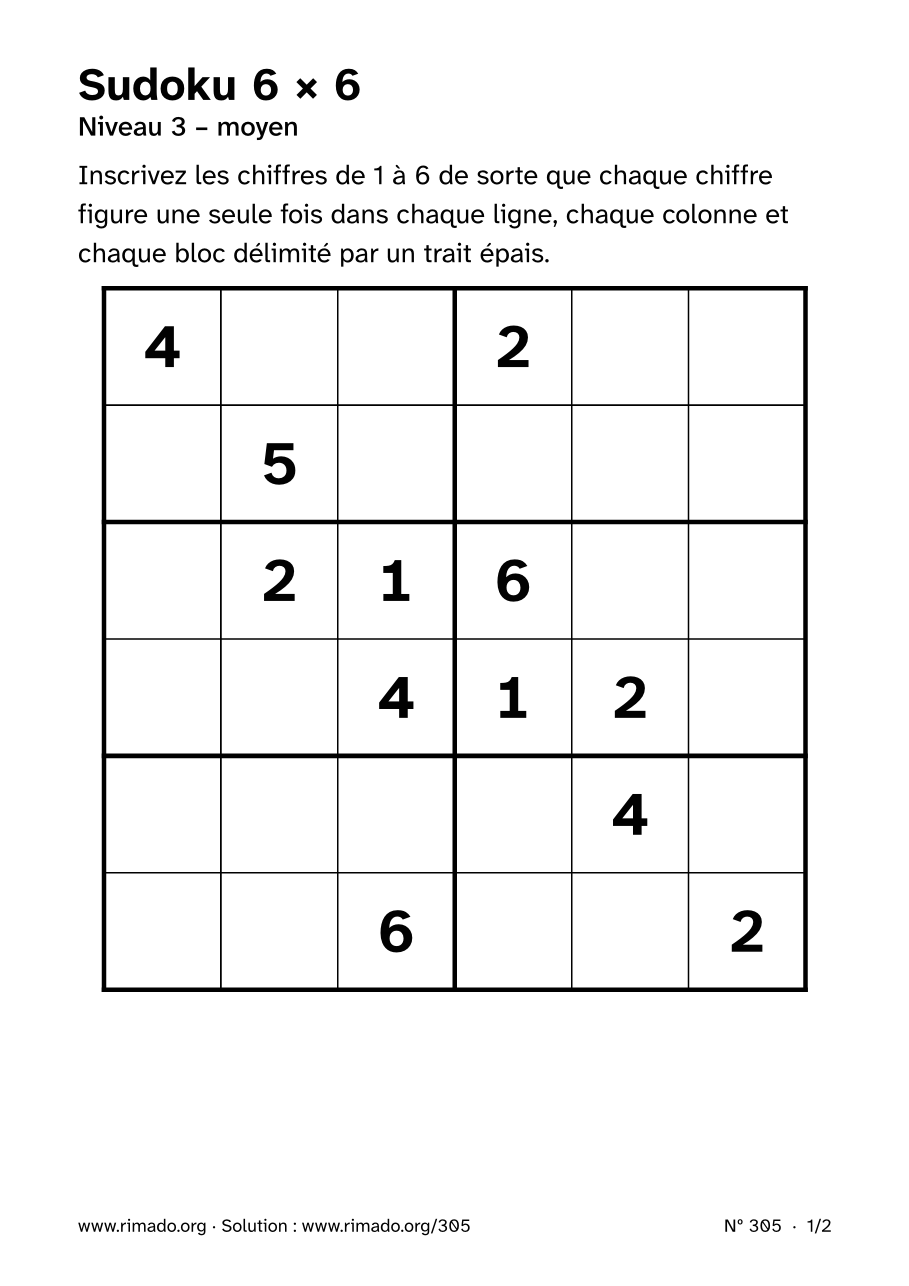 Aperçu de la feuille imprimée : Sudoku 6 × 6, nº 305