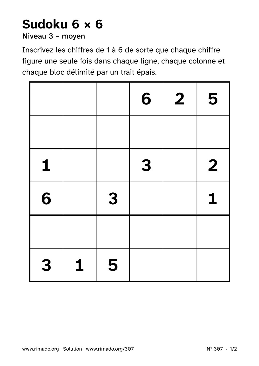 Aperçu de la feuille imprimée : Sudoku 6 × 6, nº 307