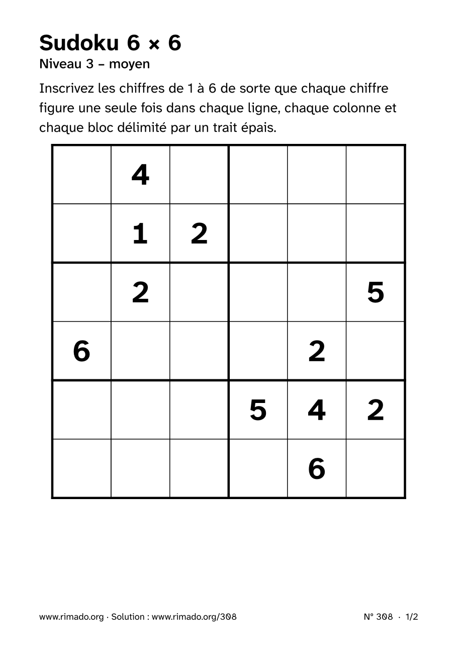 Aperçu de la feuille imprimée : Sudoku 6 × 6, nº 308