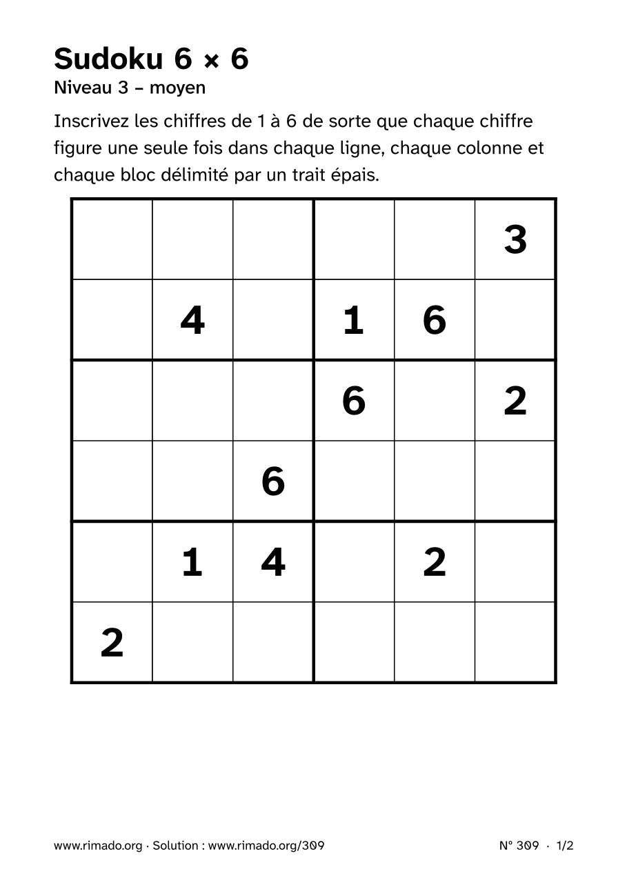 Aperçu de la feuille imprimée : Sudoku 6 × 6, nº 309