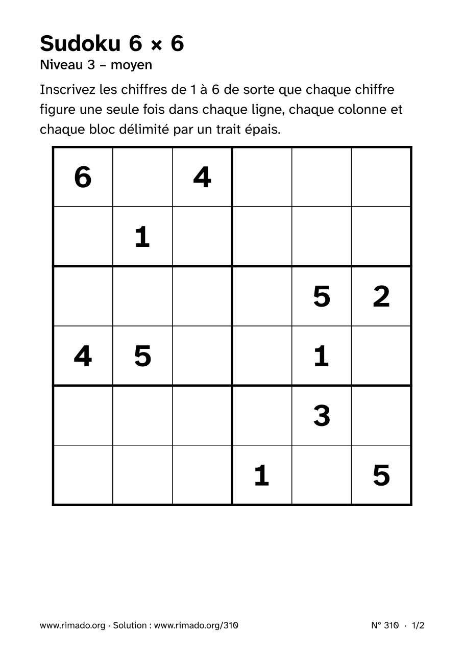 Aperçu de la feuille imprimée : Sudoku 6 × 6, nº 310