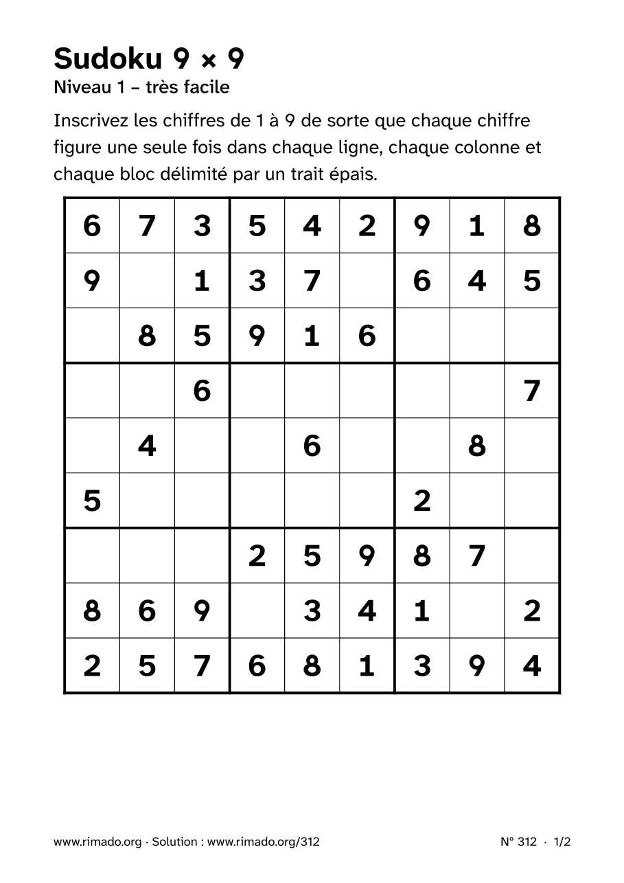 Aperçu de la feuille imprimée : Sudoku 9 × 9, nº 312