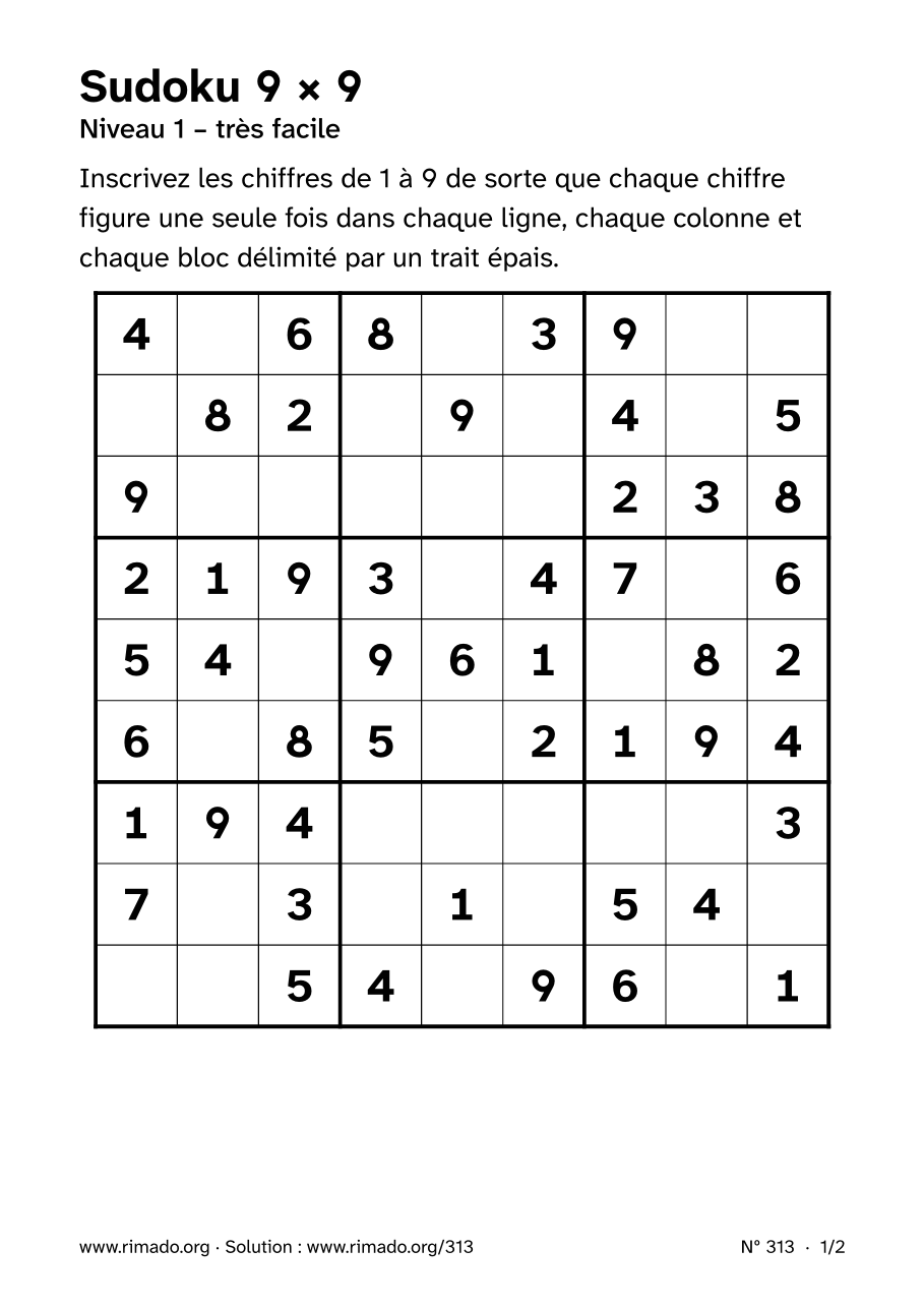 Aperçu de la feuille imprimée : Sudoku 9 × 9, nº 313