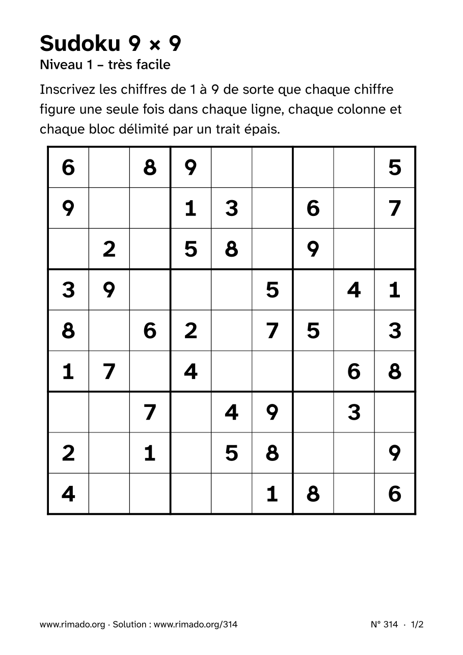 Aperçu de la feuille imprimée : Sudoku 9 × 9, nº 314