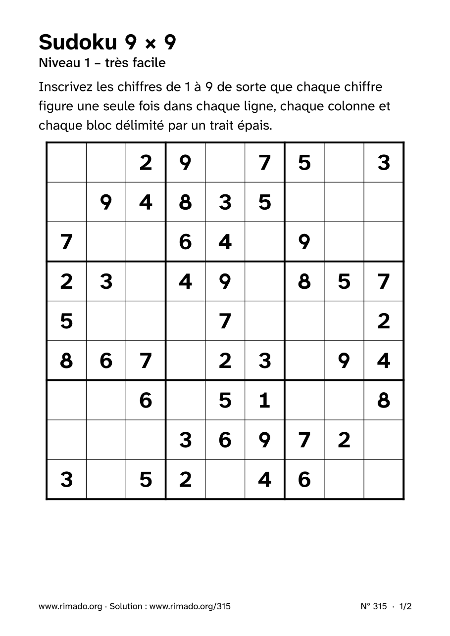 Aperçu de la feuille imprimée : Sudoku 9 × 9, nº 315