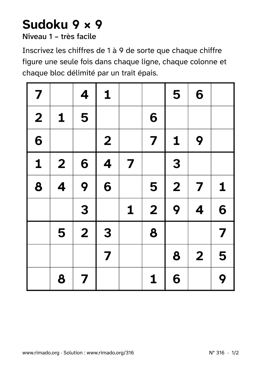 Aperçu de la feuille imprimée : Sudoku 9 × 9, nº 316