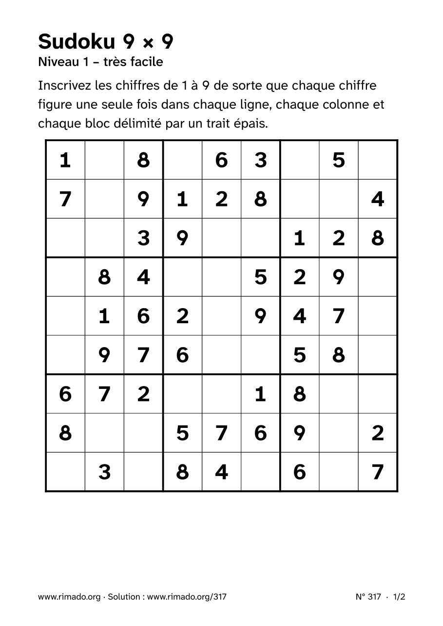 Aperçu de la feuille imprimée : Sudoku 9 × 9, nº 317