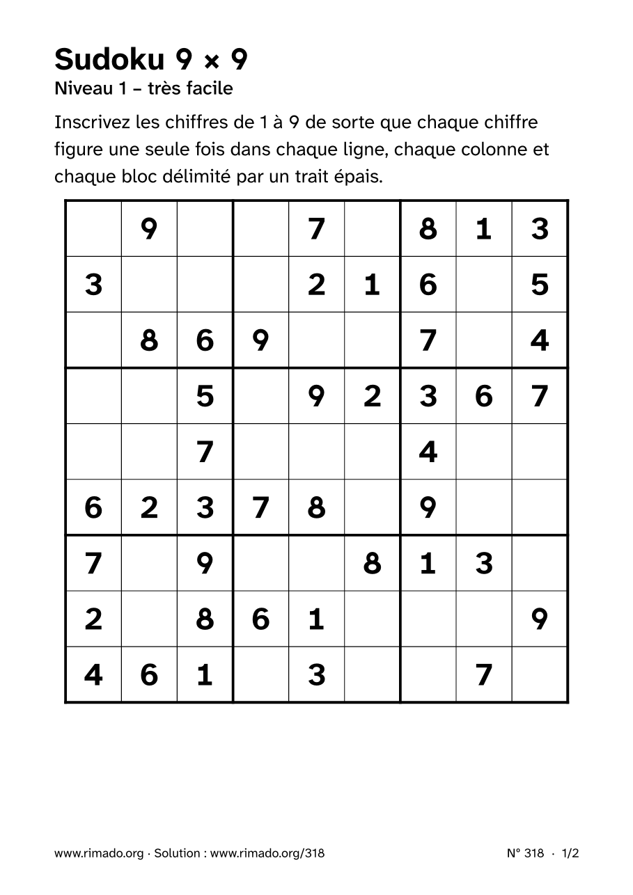 Aperçu de la feuille imprimée : Sudoku 9 × 9, nº 318