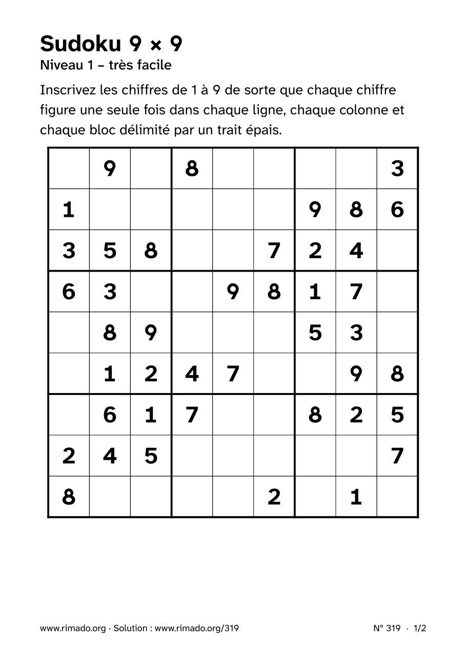 Aperçu de la feuille imprimée : Sudoku 9 × 9, nº 319