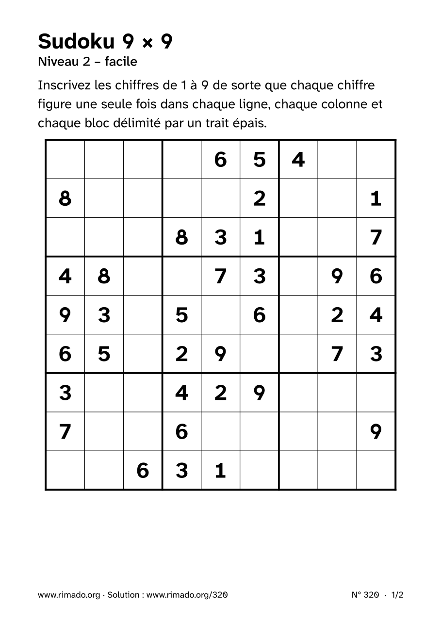 Aperçu de la feuille imprimée : Sudoku 9 × 9, nº 320
