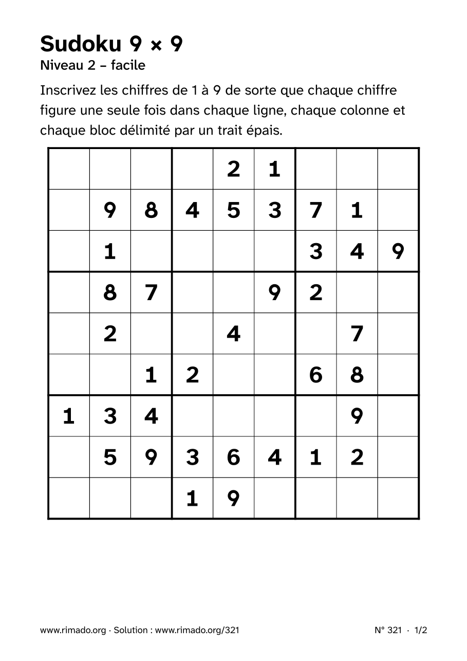 Aperçu de la feuille imprimée : Sudoku 9 × 9, nº 321