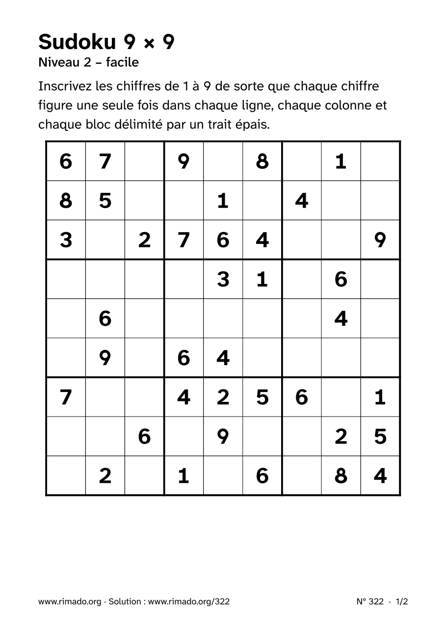 Aperçu de la feuille imprimée : Sudoku 9 × 9, nº 322