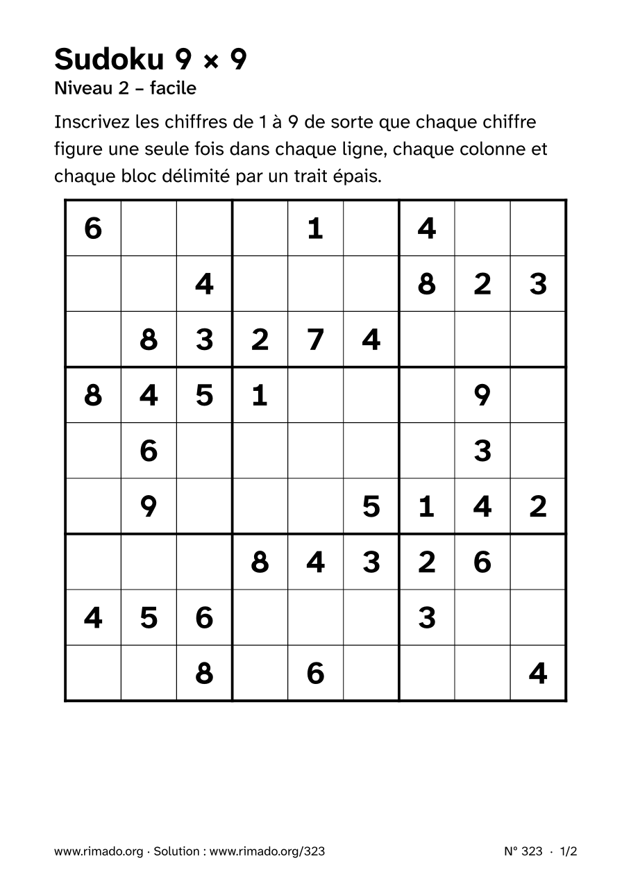 Aperçu de la feuille imprimée : Sudoku 9 × 9, nº 323
