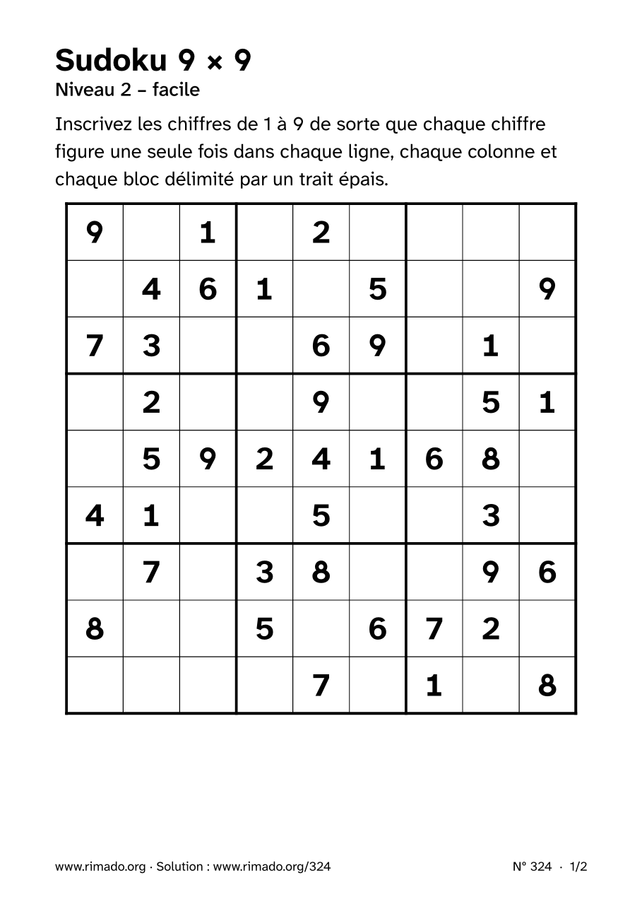 Aperçu de la feuille imprimée : Sudoku 9 × 9, nº 324