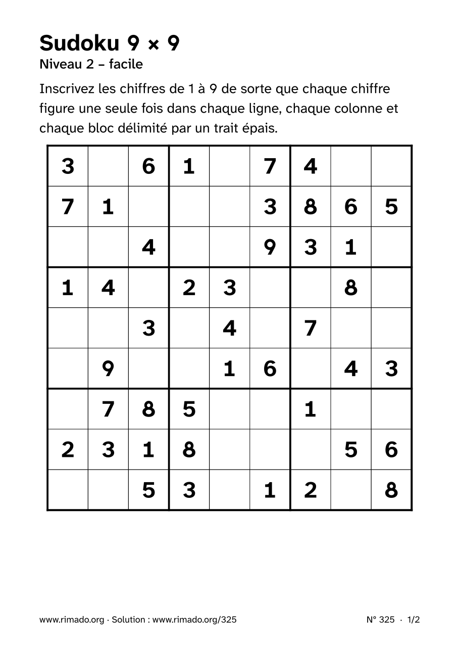 Aperçu de la feuille imprimée : Sudoku 9 × 9, nº 325
