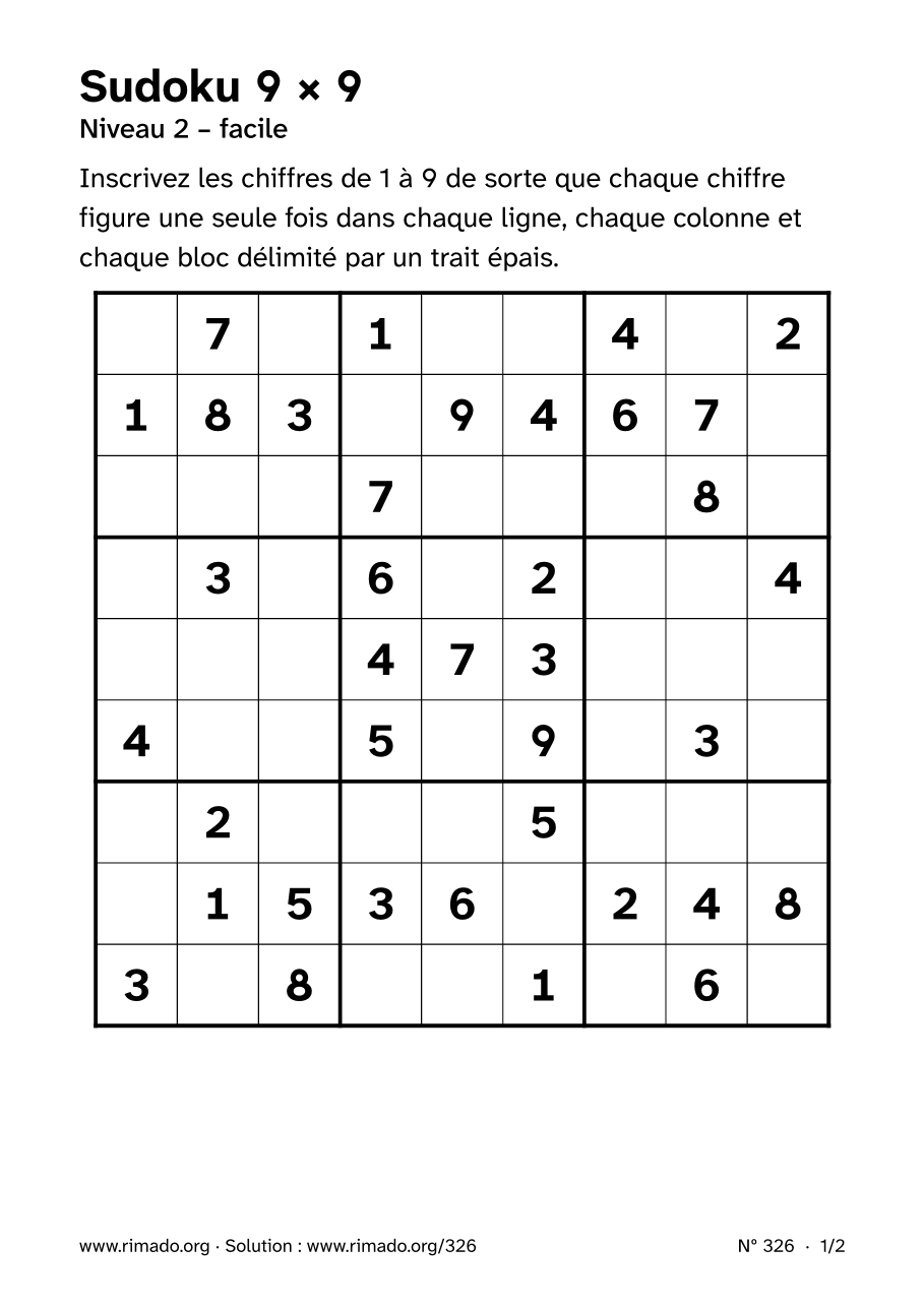 Aperçu de la feuille imprimée : Sudoku 9 × 9, nº 326