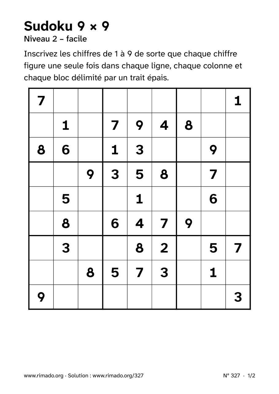 Aperçu de la feuille imprimée : Sudoku 9 × 9, nº 327