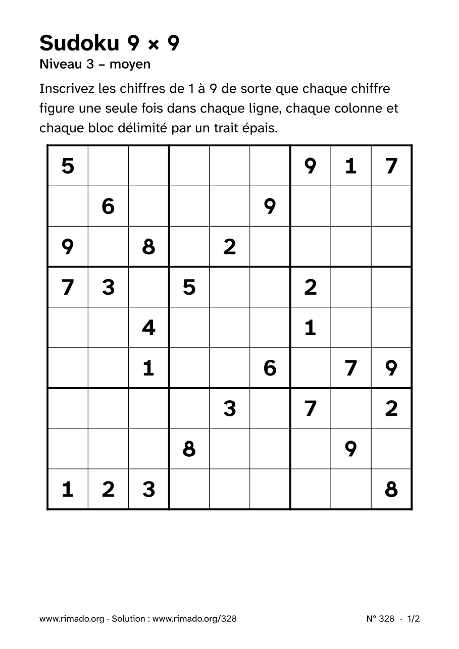 Aperçu de la feuille imprimée : Sudoku 9 × 9, nº 328