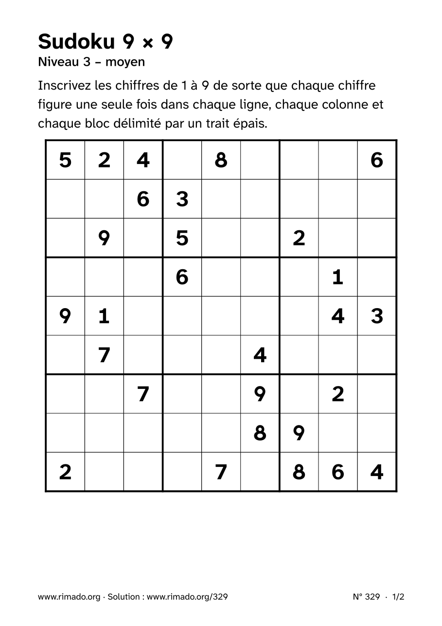 Aperçu de la feuille imprimée : Sudoku 9 × 9, nº 329