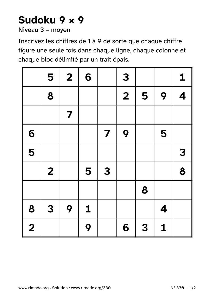 Aperçu de la feuille imprimée : Sudoku 9 × 9, nº 330